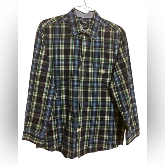 Chap's Men's  Large Shirt Long Sleeved Blue Plaid Easy Care Good Condition NOTE - Picture 1 of 8